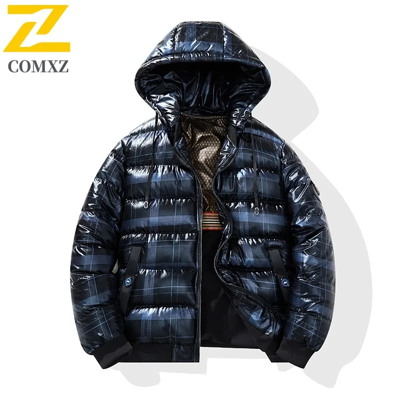 سترة مبطنة للرجال من COMXZ، مع قلنسوة للتزلج في الهواء الطلق، سترة سميكة دافئة، تصميم لامع، معطف شتوي خفيف الوزن للسفر #3