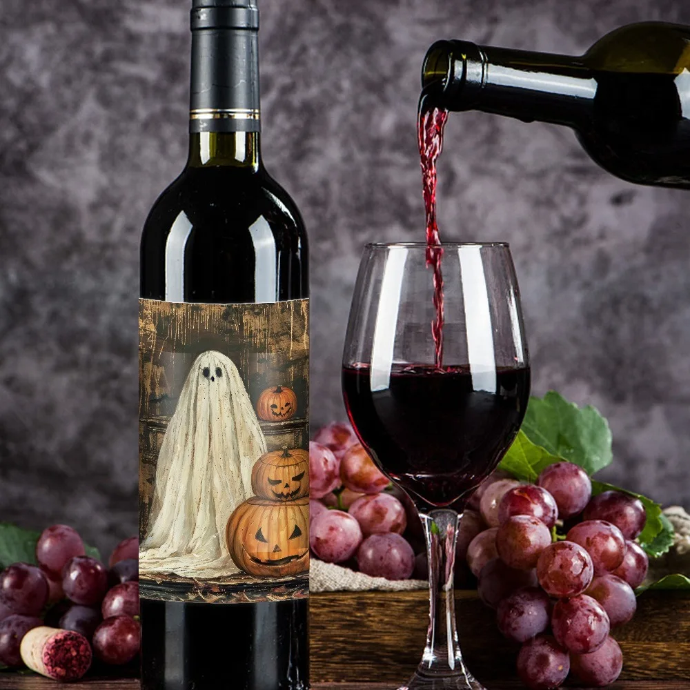 Halloween Wine Bottle Stickers Bar Beverage Bottle Label Horror Atmosphere Pumpkin Stickers Happy 2024 Halloween Party Decor