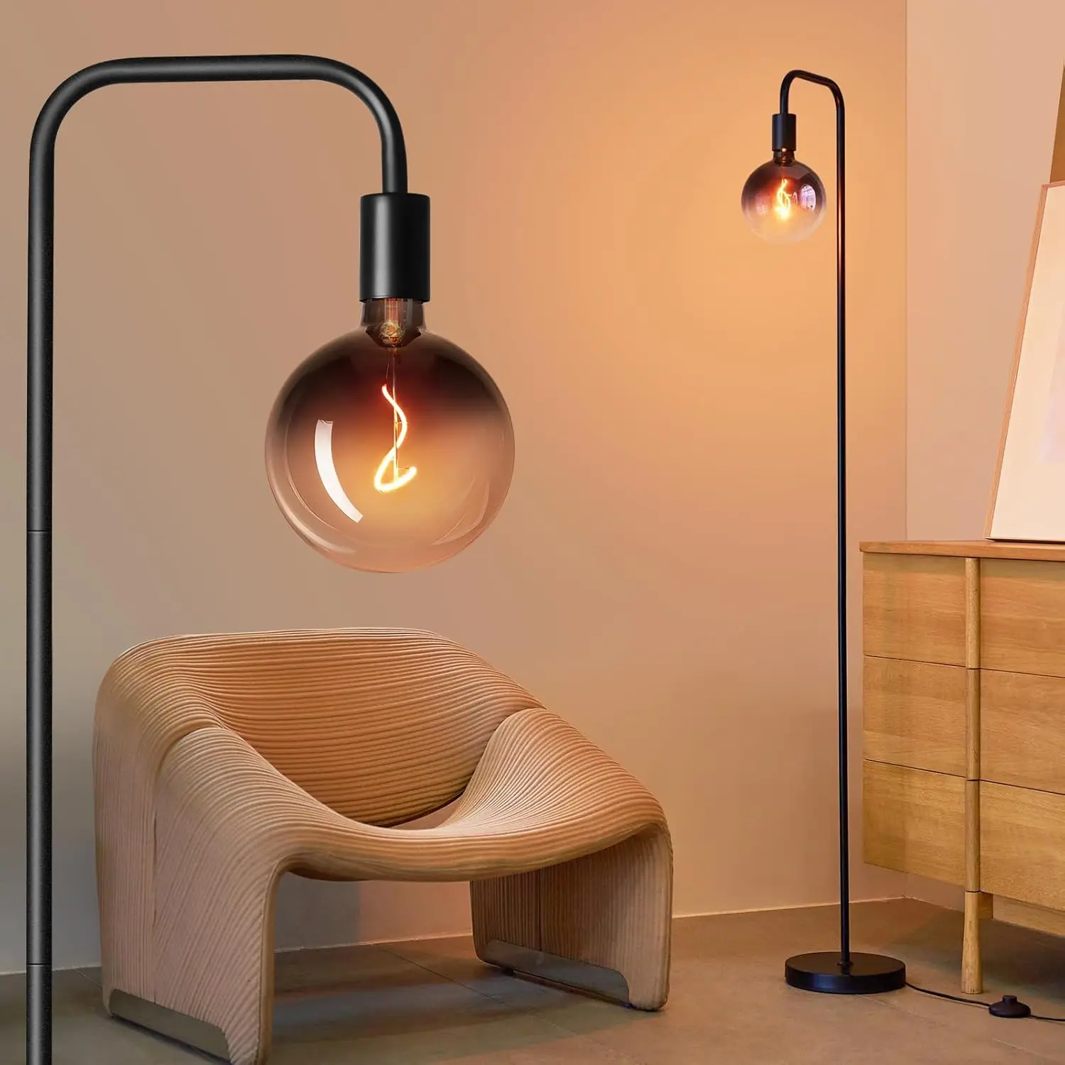 Onewish Floor Lamp For Living Room - Minimalist Industrial Standing Lamp With Modern Led Bulb, Globe Black Clear Glass 6