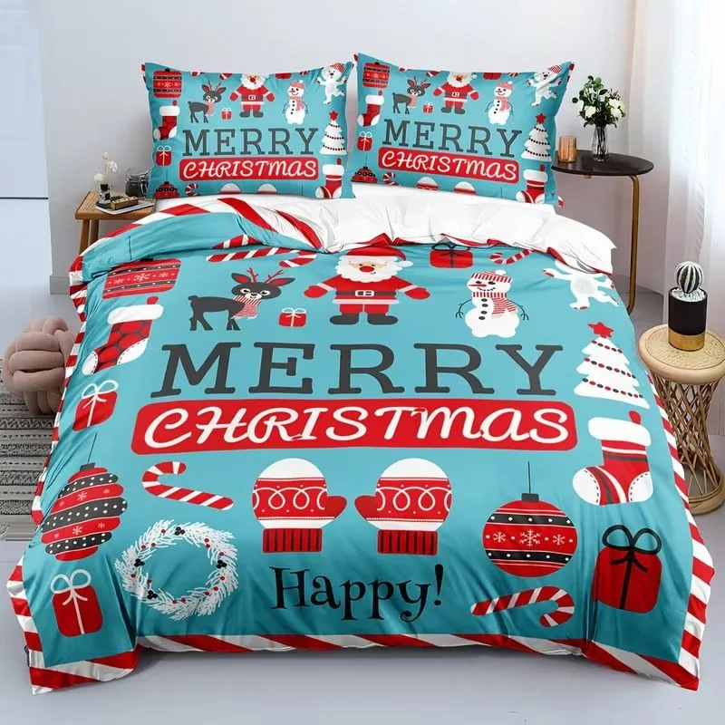 Christmas Bedding Set Red Deer Santa Claus Gingerbread Printed King Queen Size Duvet Cover Set for New Year Home Bedroom Decor
