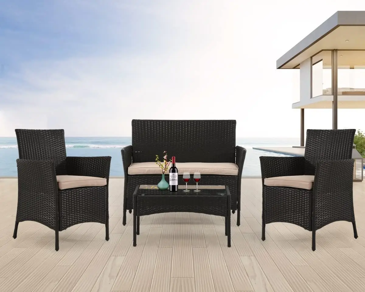 Outdoor Rattan cadeira conversação conjunto, sofá de vime, varanda, conjuntos Bistro, Loveseat para varanda, piscina, quintal, preto, 4pcs