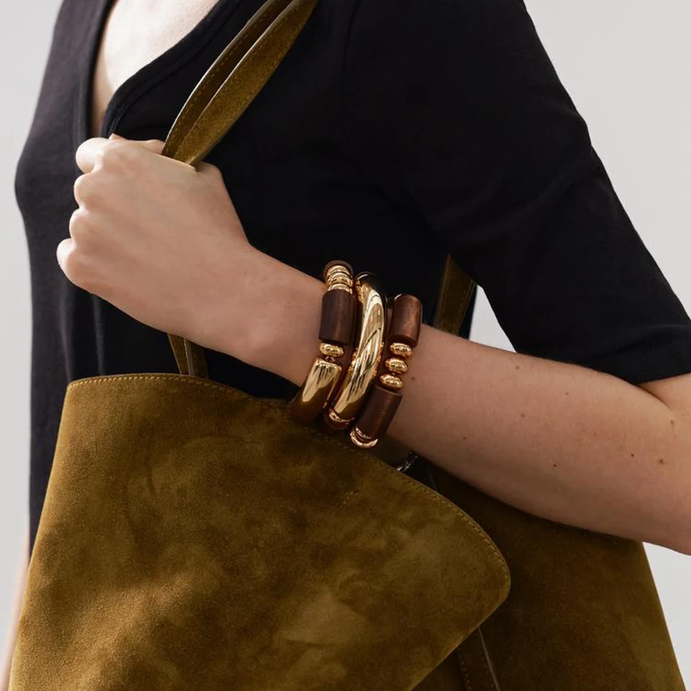 

ZAA Vintage Bamboo Joints Shape Elastic Bracelets Necklaces for Women Fashion Jewelry Sets Holiday Party Gifts