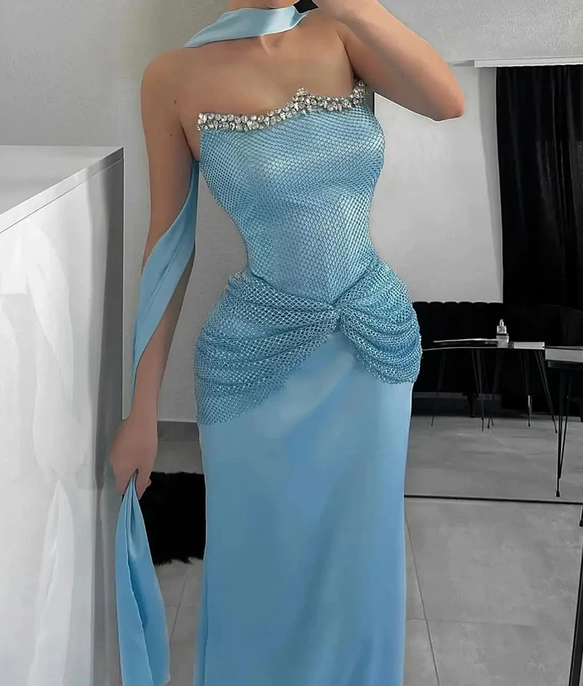 

Customized Exquisite Jersey Crystal Straight Evening Dress Delicate Strapless Sleeveless Floor Length Special Occasion Gowns