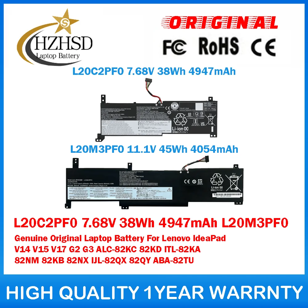 

L20C2PF0 7.68V 38Wh 4947mAh L20M3PF0 Genuine Original Laptop Battery For Lenovo IdeaPad V14 V15 V17 G2 G3 ALC-82KC 82KD ITL-82KA