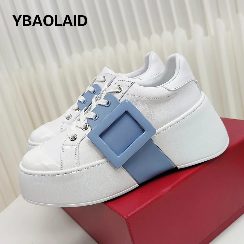 

Big Square Buckle Rhinestone Decor Sneakers Women Round Toe Thick Bottomed Height Increased Leisure Small White Shoes All Match