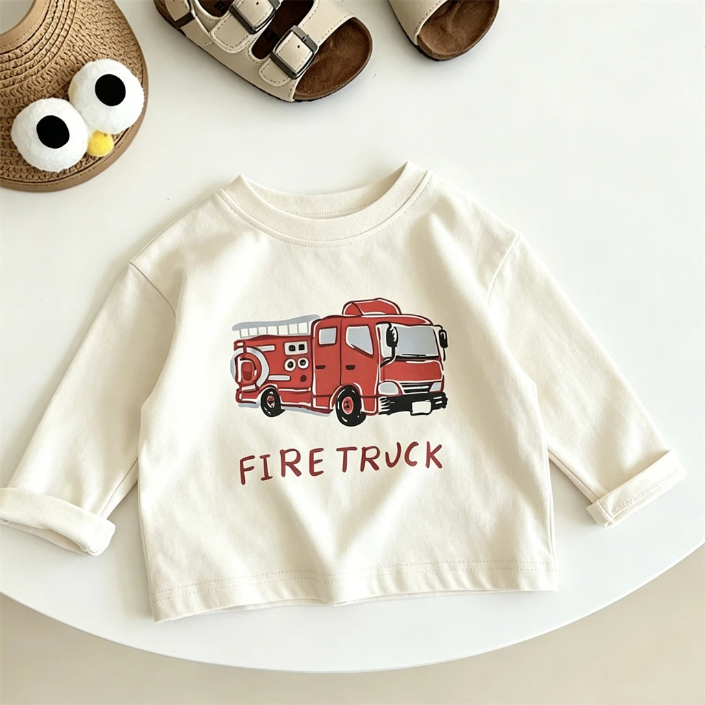 Printing Tees Kids Casual Loose TShirts New Pure Cotton Clothes Toddler Little Car Printed Tops Child Long-sleeved Pullovers view 3