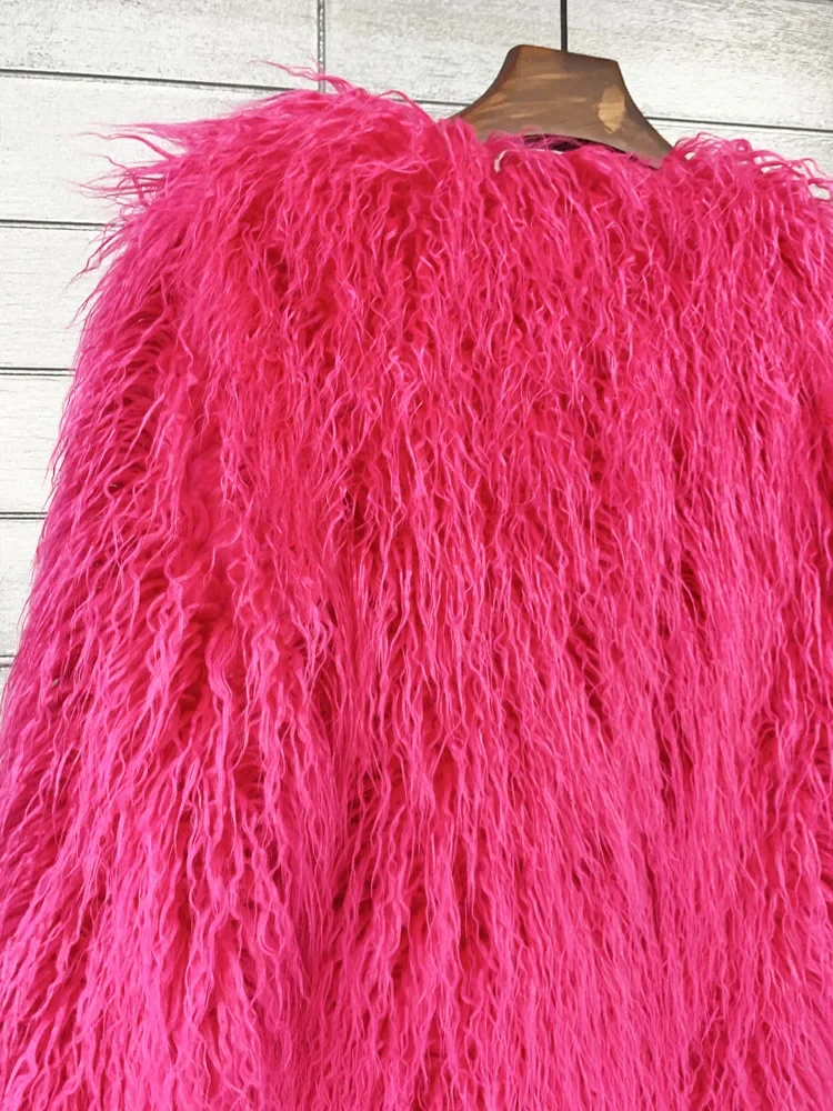 Mongolia Sheep Fur Women Medium Long Coat Jacket Colorful Warm Faux Fur Plush Coats Female Jacket Autumn Winter Furry Outerwear