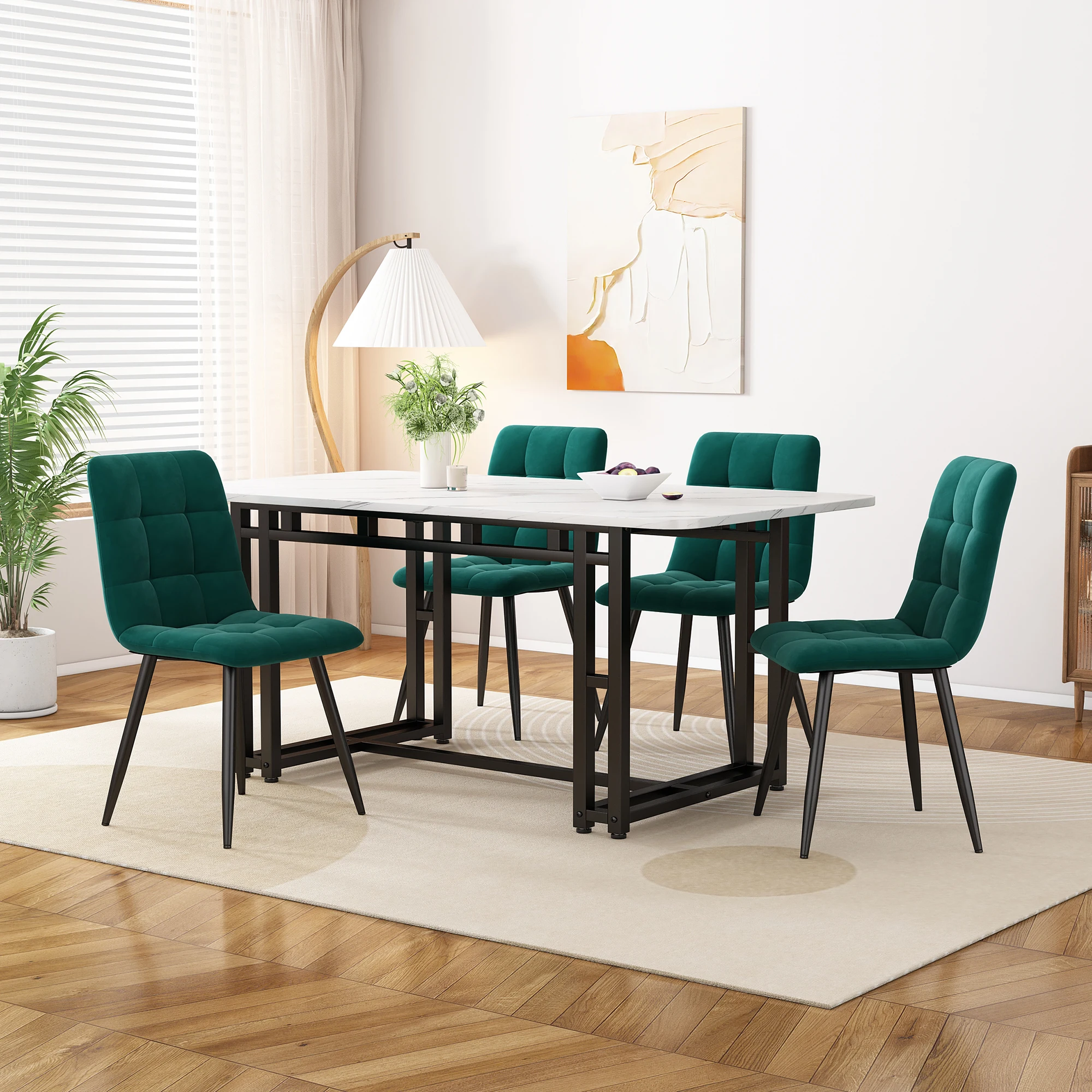 VSOGA 120x70cm Black Dining Table with 4 Chairs Set Modern kitchen Dining Table Set Dark Green Velvet Dining Chairs Black Iron Leg table