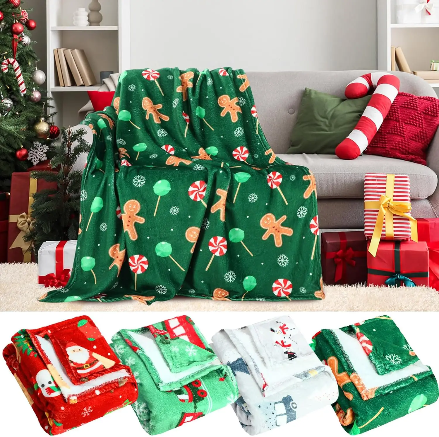 

4 Pack Christmas Throw Blankets Bulk Holiday Plush Blanket for Couch Warm Winter Bedding Santa Claus Party Tree Gifts(40" X50")