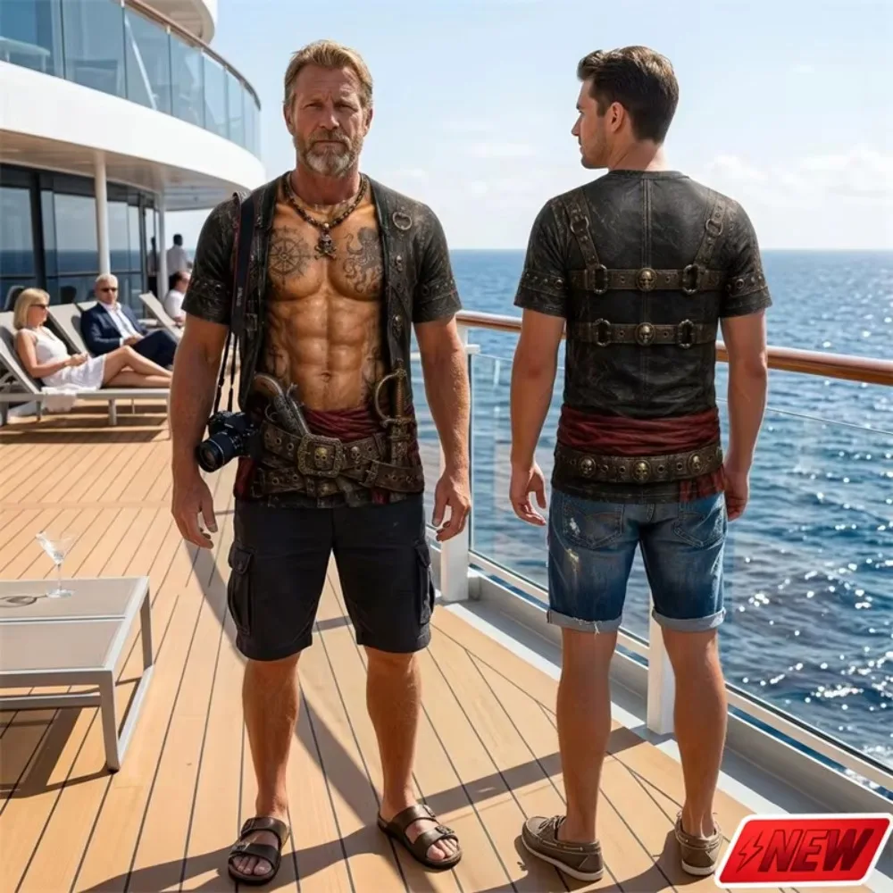 Kreatives, lustiges T-Shirt für Herren – Matrosenuniform, Piratenschädel, Schiff, Anker, 3D-Druck, große Größe, kurzärmelig – Kostüm-Party-Oberteil – Detail 7