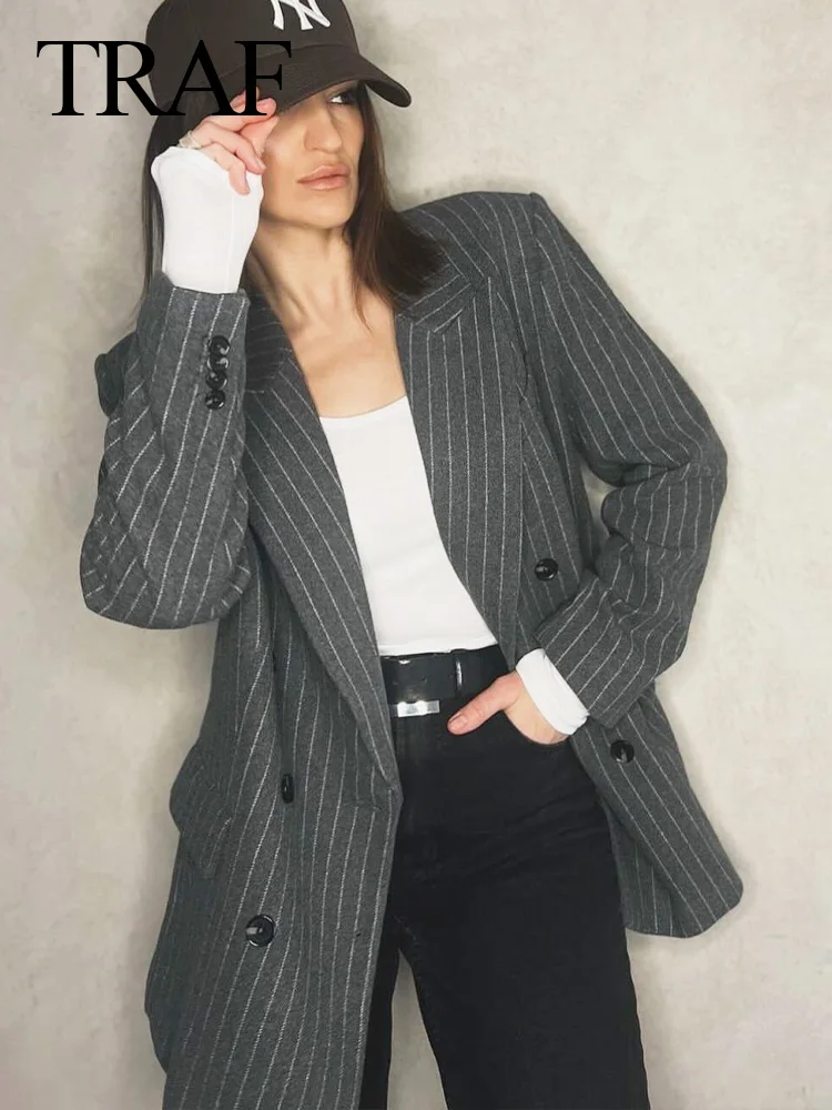 TRAF 2024 Spring Women Fashion Grey 2 Piece Sets Woman Pinstripes Pockets Slim Blazer Coat + Zipper Versatile Female Mini Skirts