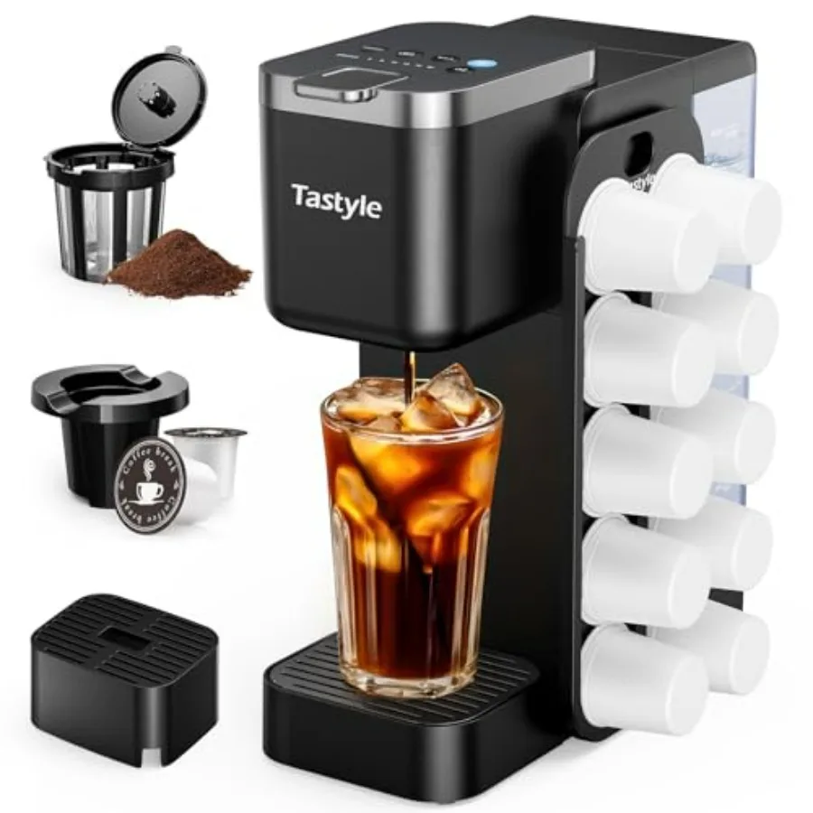 

Hot Iced Coffee Maker with Magnetic K-Pod Organizer Stores 10 Pods 4-5 Cups 40oz Removable Water Tank Black Single-Serve Brewer