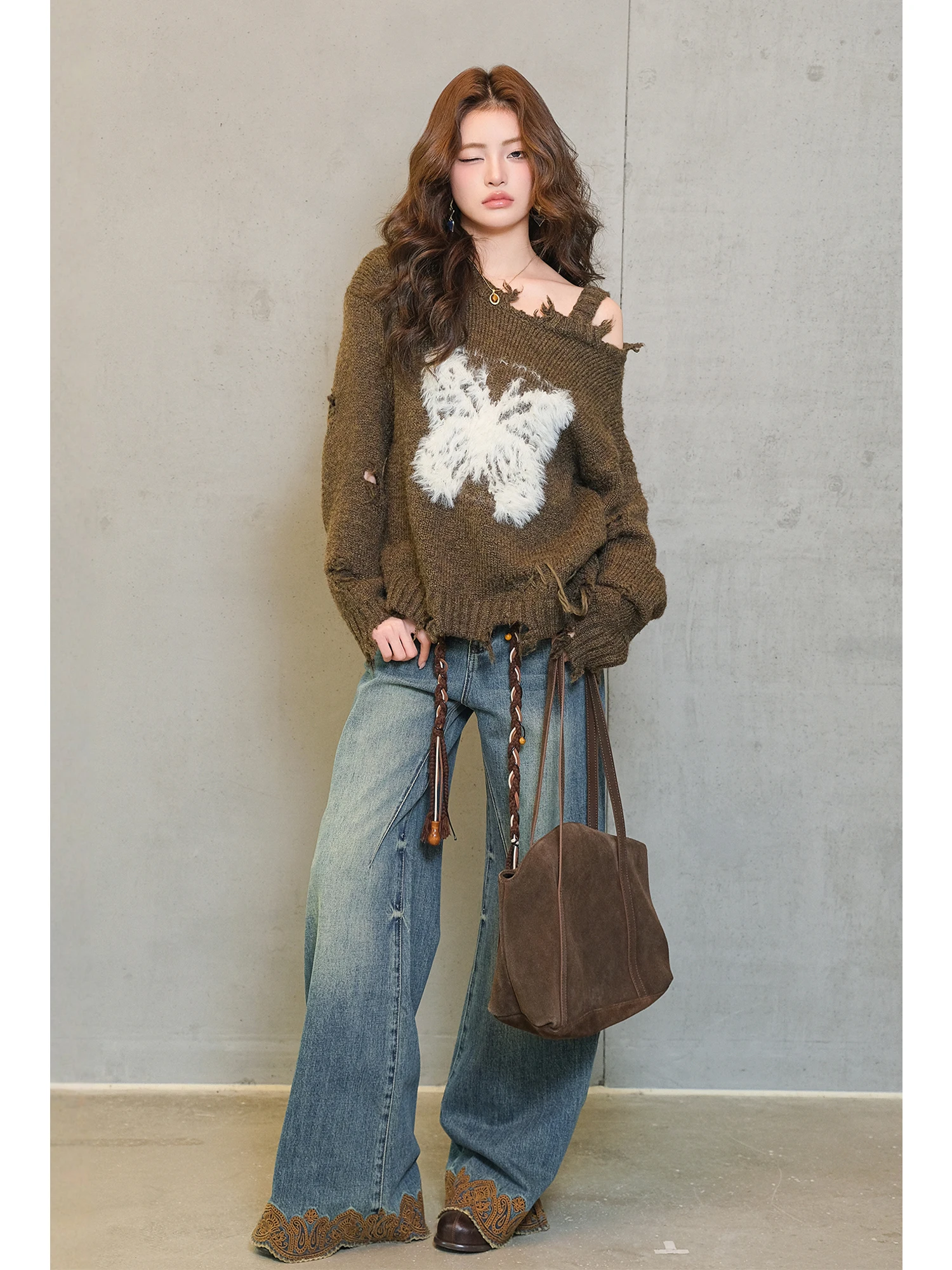 

Джинсы MIUCO в американском ретро-стиле с вышивкой, высокой талией, расклешенные, свободные, с широкими штанинами и завязками