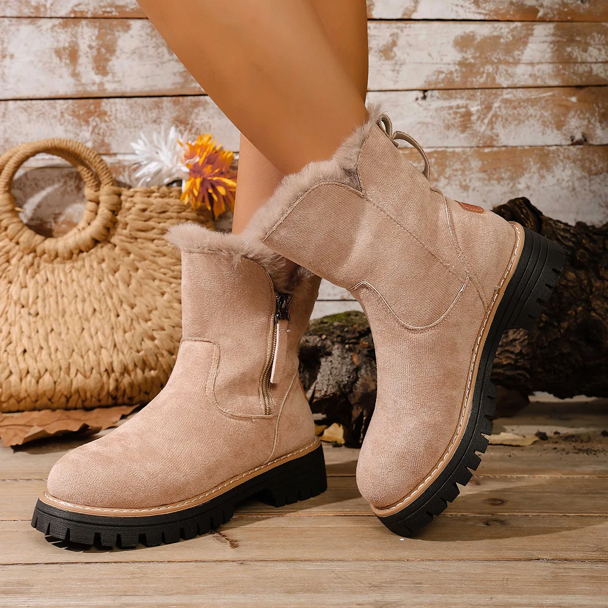 

2025 Winter new style fashionable fleece warm snow boots, women's sponge cake side zipper fleece large cotton shoes