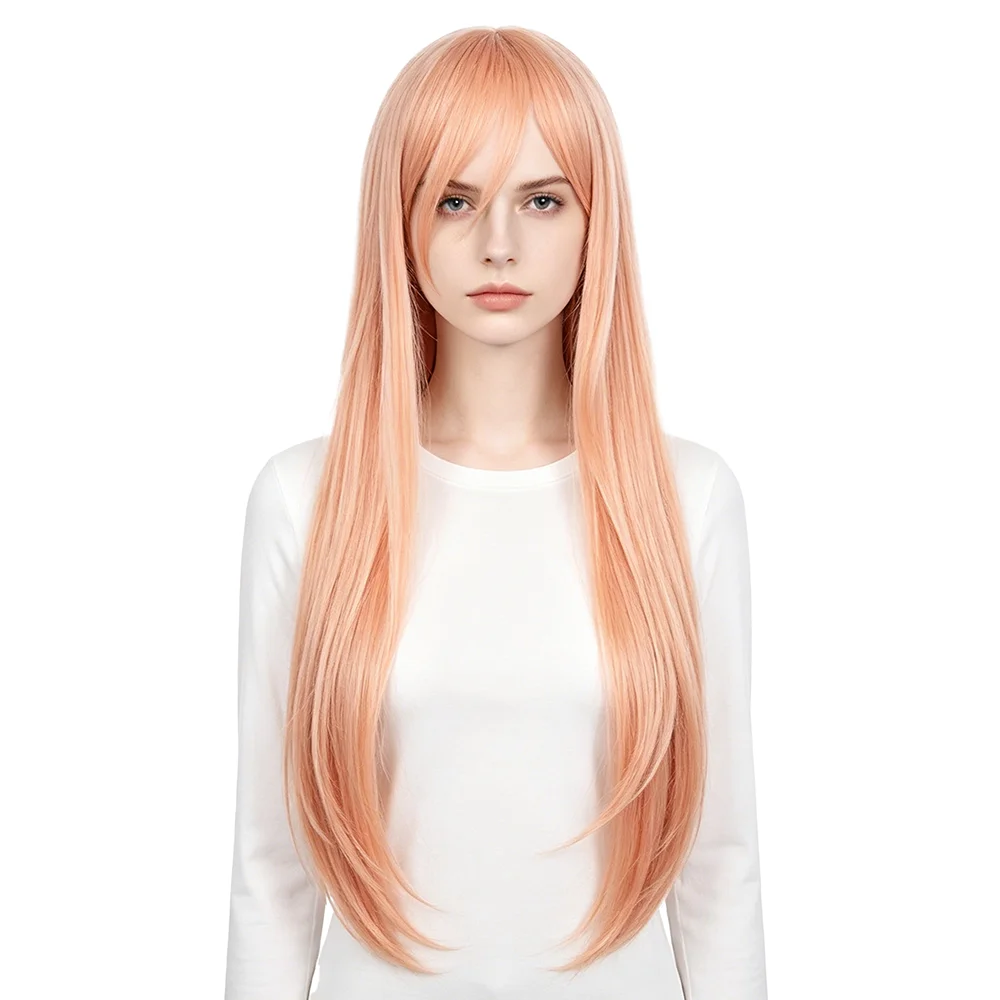

Peach Pink Extra Long Straight Wig 37Inch Heat Resistant Synthetic Wig with Bangs For Women Halloween Costume Party Daily Use