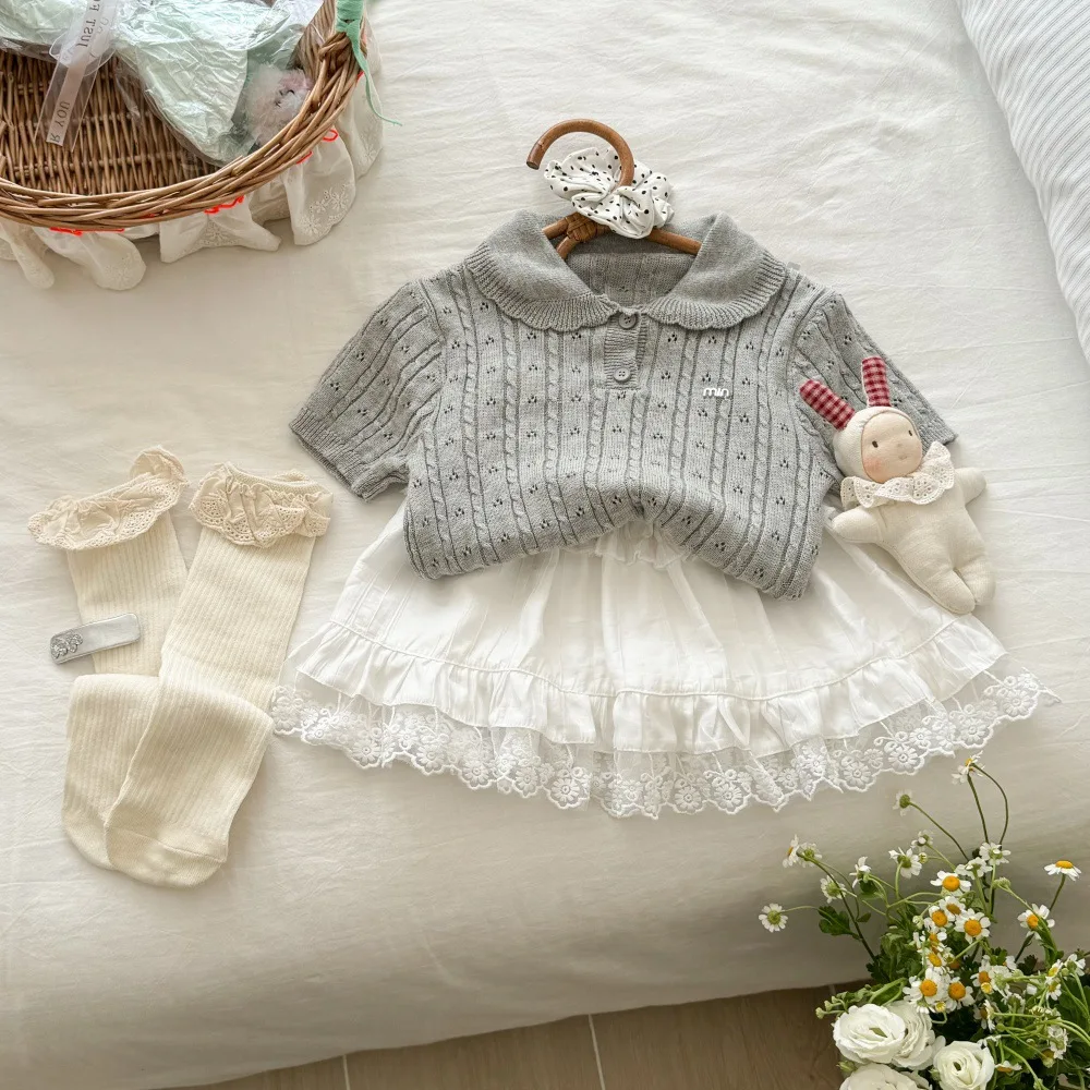Conjunto de punto de cuello  estilo preppy para niñas, conjunto de verano de manga corta con bordado de aodón y falda d...