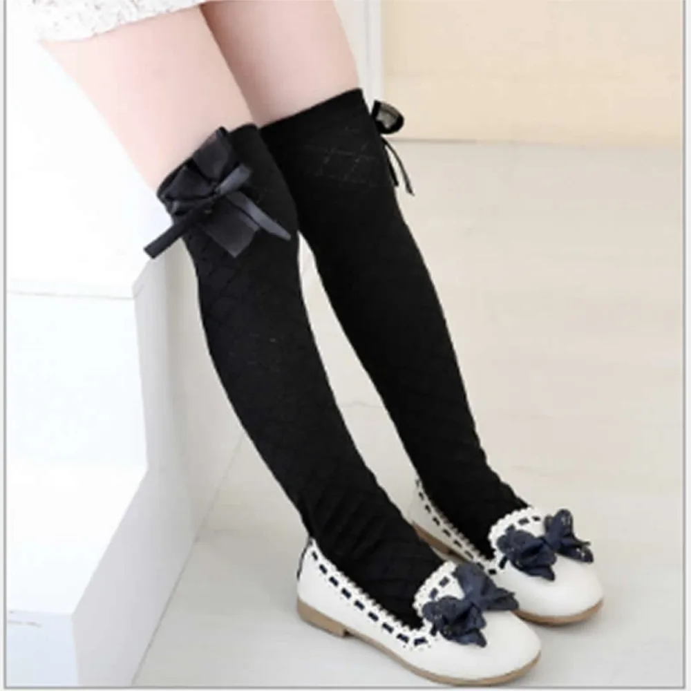 Kids fall tube socks rhombus lattice Girl princess socks cotton lace bowknot thin cotton 100% knee high above long socks