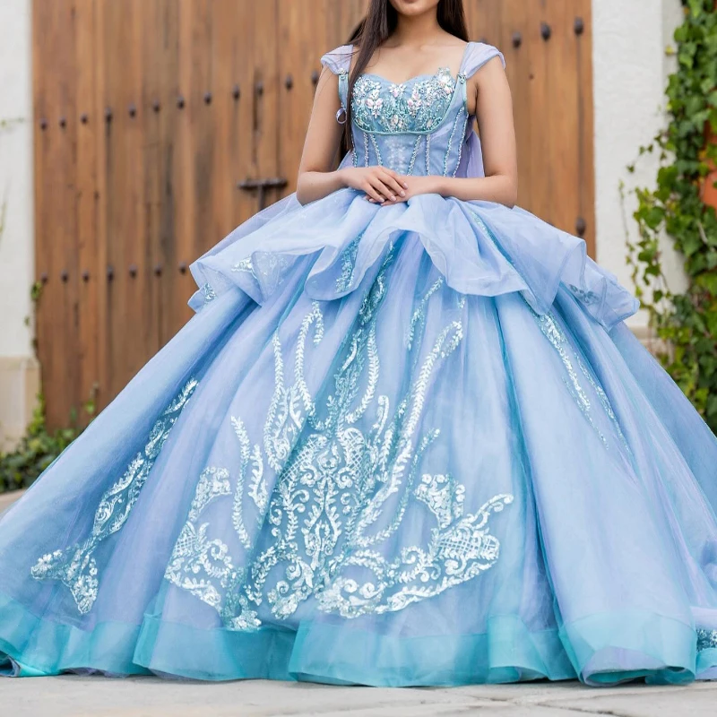 

Sky Blue Shiny Princess Sweet 16 Quinceanera Dresses Off The Shoulder Sequin Applique Beading Crystal Tull Party Birthday Vestid