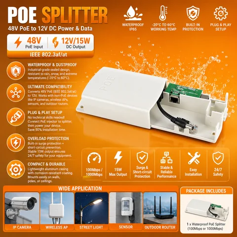New Waterproof Gigabit POE Splitter IP67 48V to 12V IEEE 802.3af/at Adapter for Outdoor IP Camera CCTV Security System
