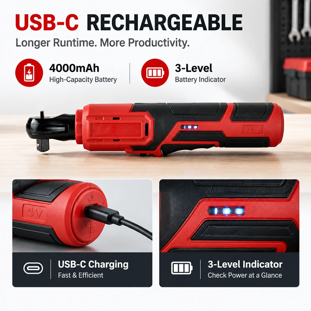 7.2V Electric Ratchet Wrench, 3/8-inch Electric/Manual Rechargeable Wrench, Automotive Repair Tool, Type-C Connector
