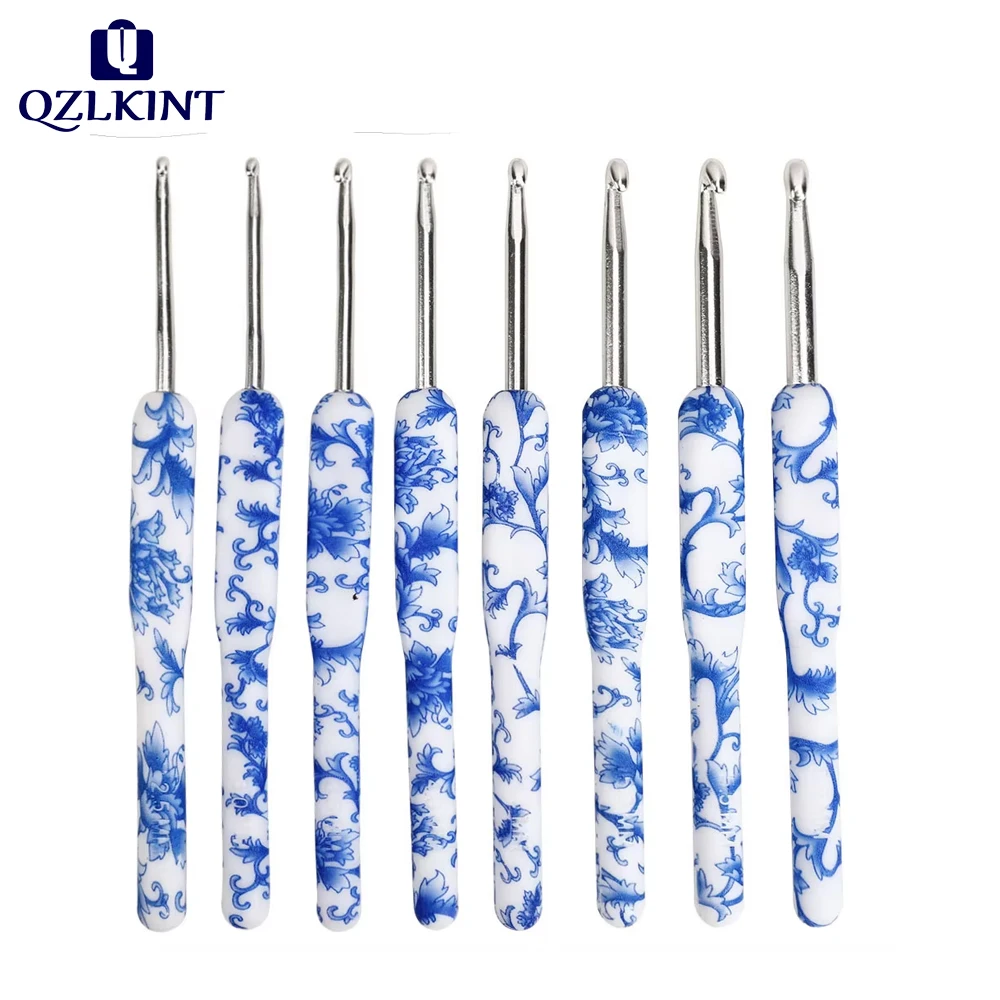 

New Crochet Hook Set Ergonomic Grip Blue and White Porcelain Crochet Knitting Aluminum Crochet Needles Yarns and Wools So Weave