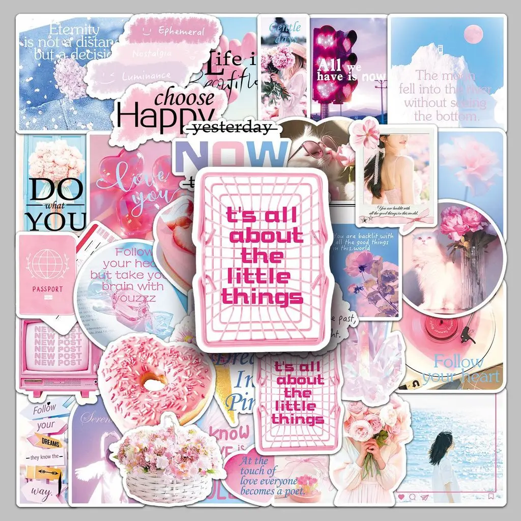 สติกเกอร์สไตล์ INS สีชมพู 50 ชิ้น - สติกเกอร์สร้างสรรค์เหมือนจริงสำหรับตกแต่งกีตาร์ คอมพิวเตอร์ และลำโพง ร้าน RecordingYourLife