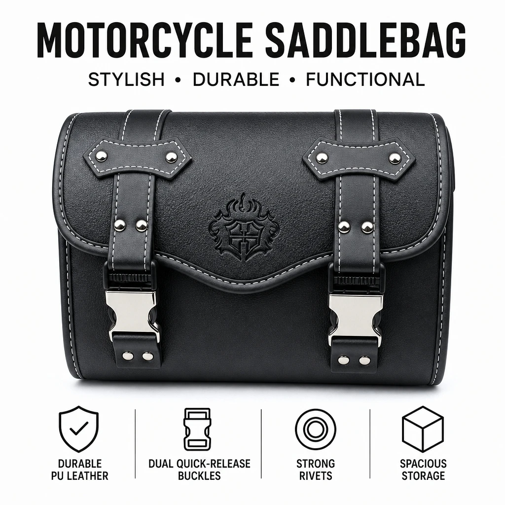 Universal Motorcycle Retro Saddlebag Waterproof PU Leather Side Tool Bag, Quick Release Buckle Luggage for Harley Cafe Racer Mod