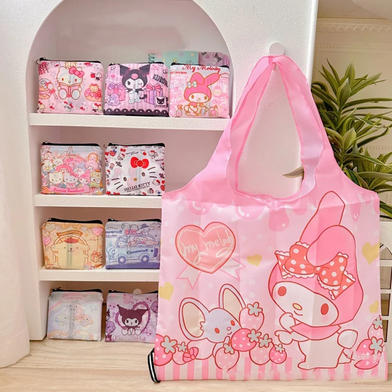 Nuovo 2 pezzi Sanrio Hello Kitty borsa pieghevole portatile Cute Kuromi Melody Multi Functional Environmental Protection Zipper Storage