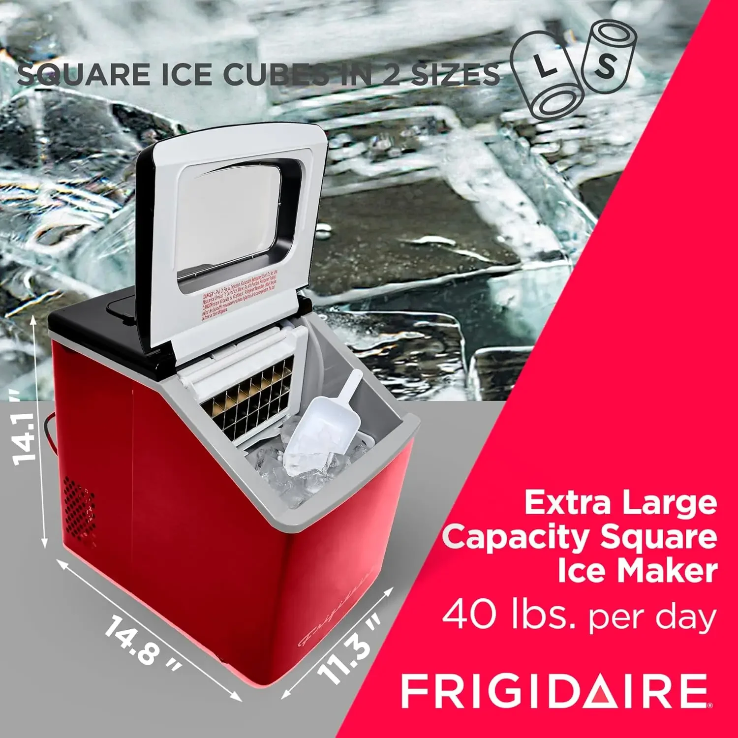 EFIC452-SSRED Fabricante XL, hace 40 libras. de cubitos de hielo cuadrados transparentes al día, acero inoxidable, acero rojo