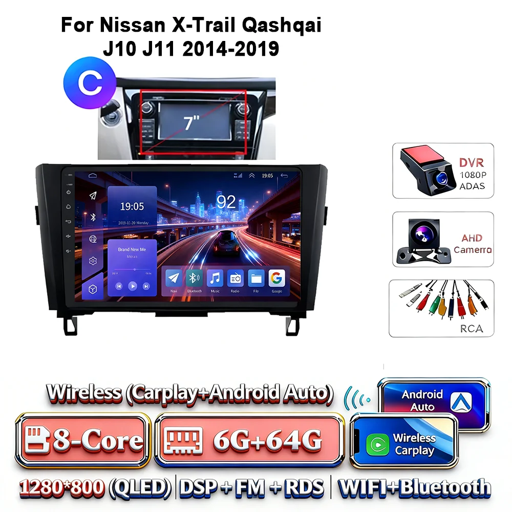 8-Core Android 17 2Din autoradio voor Nissan X-Trail Qashqai J10-J11 2014-2019 draadloze Carplay 4G GPS DSP BT dubbele lens