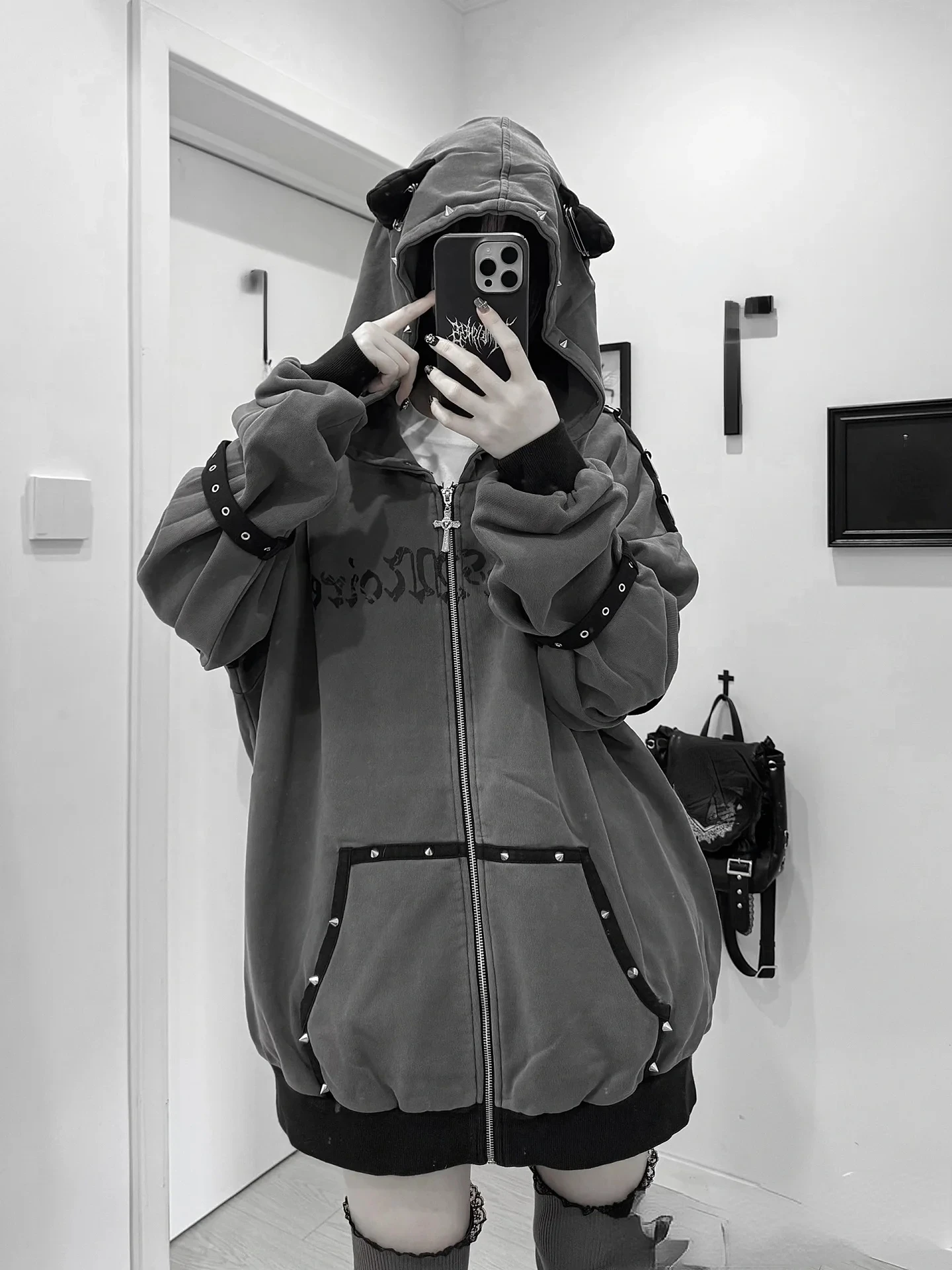 النساء هوديس الملابس فاسق بلوزات Harajuku الشارع الشهير الرجعية جاكت مزود بغطاء للرأس اليابانية برشام طباعة عادية سستة معطف الموضة #1