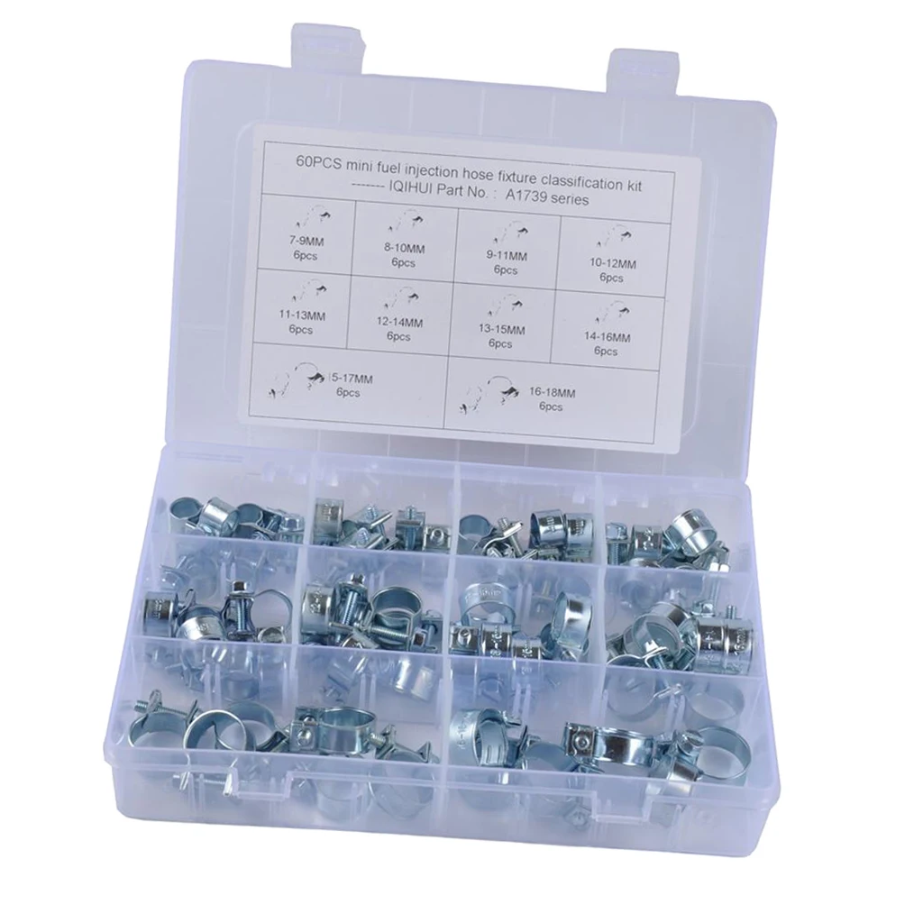 60pcs Hose Clamp Assorted Set Hose Pipe Fitting Clamp Assortment 7-18mm