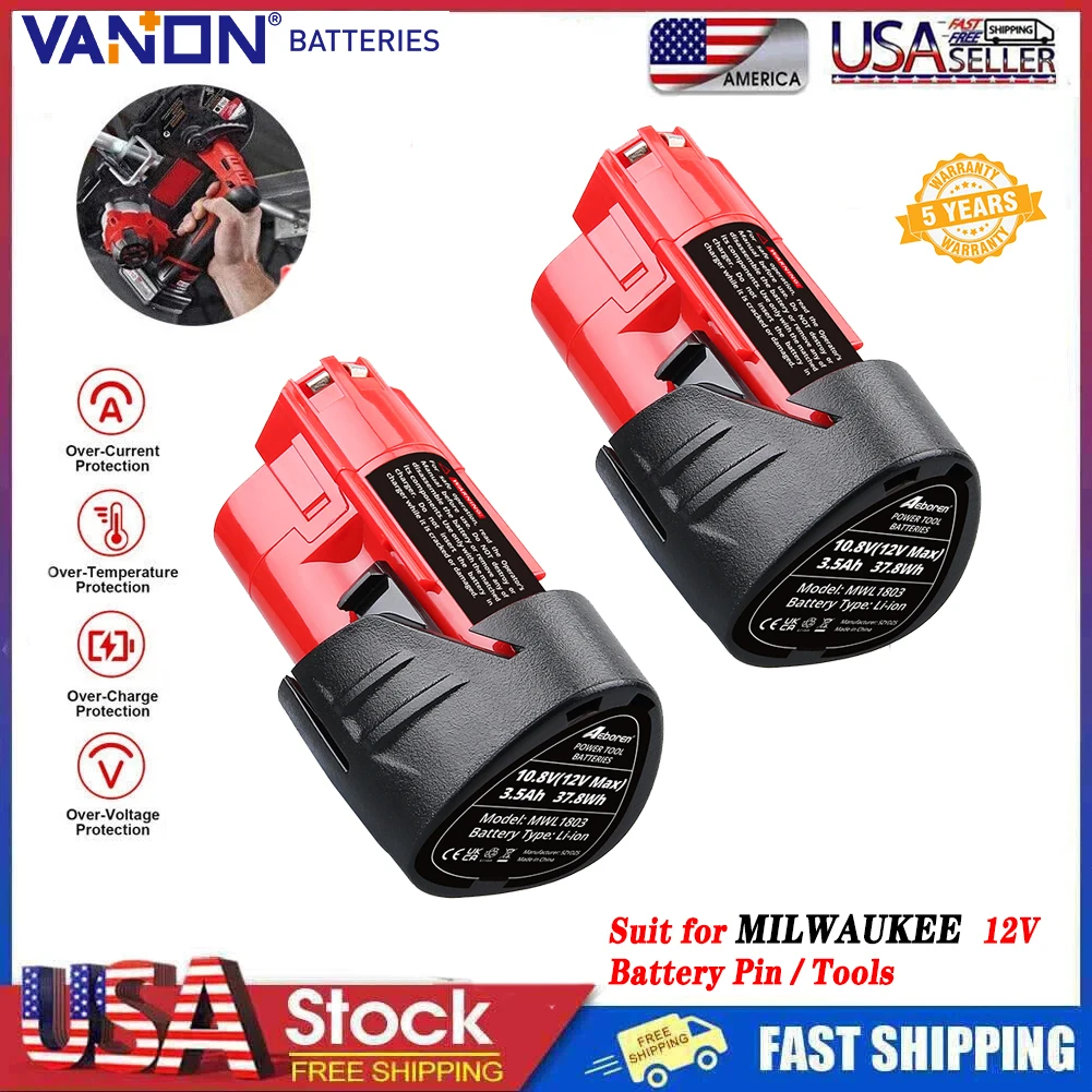 

VANON 2Pcs 3.5Ah 48-11-2420 Replace for Milwaukee 12V M12 Battery Pin Compatible with All 12V Cordless Power Tools Li-on Battery