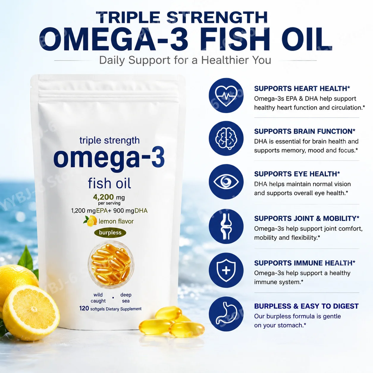 Triple Strength Omega 3 Fish Oil4200mg Per Serving 120/240 Softgels Lemon Flavor Burpless EPA DHA Support Heart Brain Eye Health
