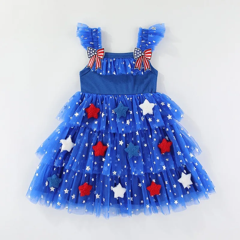 2026 Cute Rabbits Cherry Stars Pendant Cake Dress US Independence Day Children's Flying Sleeve Princess Dress Summer