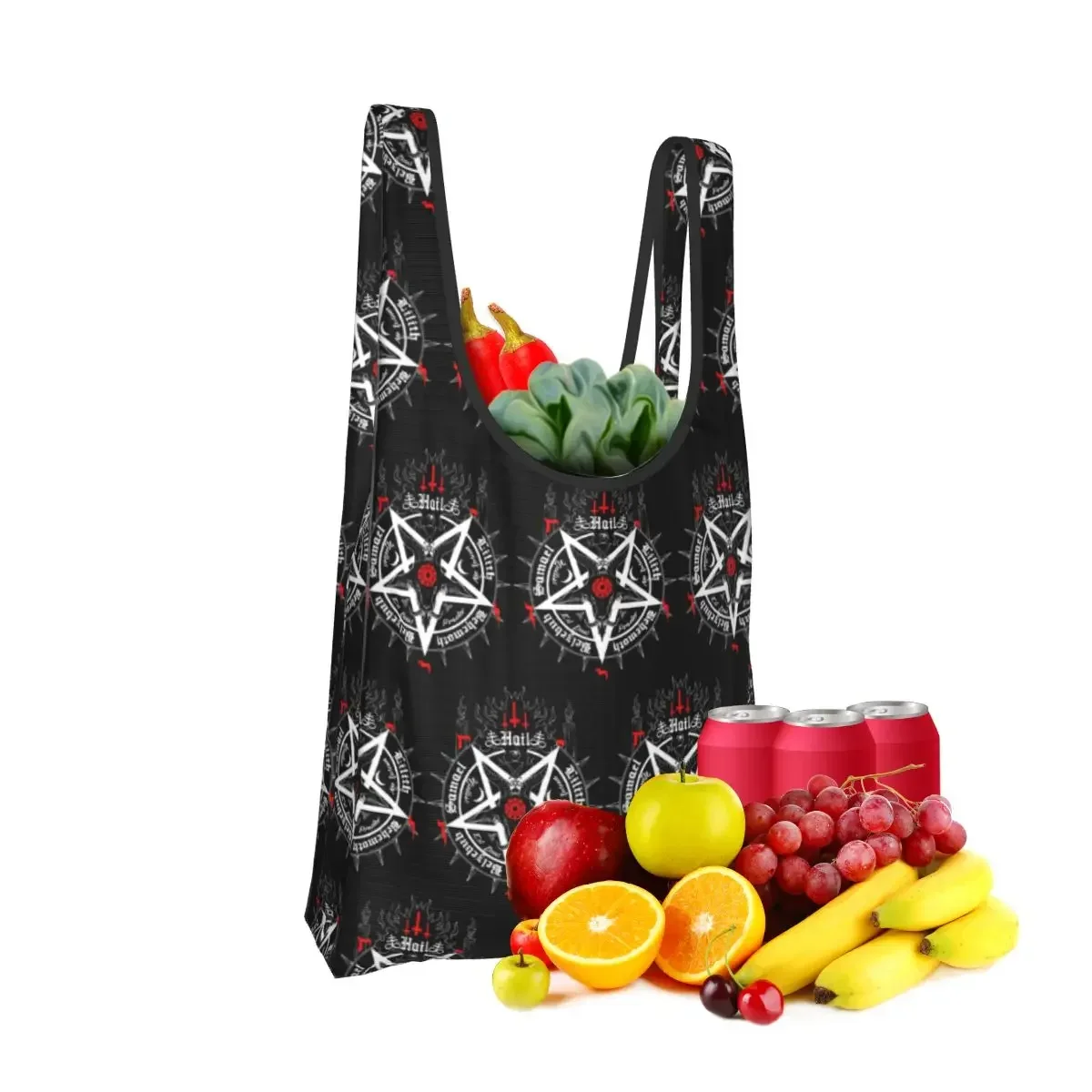 Occult Satanic Pentagram Shopping Bag Portable Tote Bags Foldable Shoulder Shopper Bag Groceries Handbag