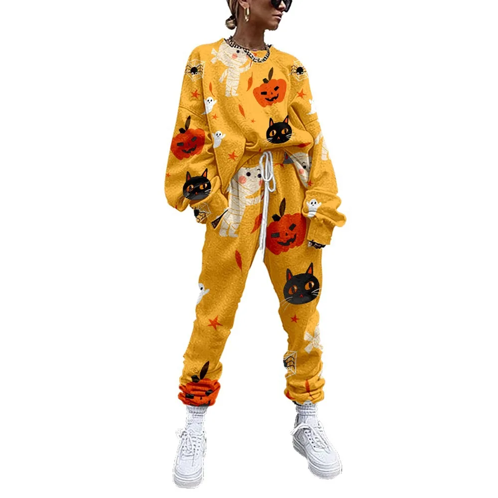 Tracksuit Women 2 Piece Set Casual Outfit Orange Print Sweatshirt Pants Suit Long Sleeve Pullover Street Sweat Suit