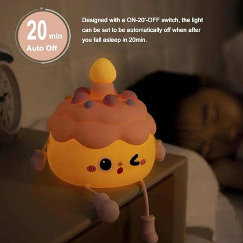 เค้กวันเกิดน่ารักโคมไฟกลางคืน USB ชาร์จโคมไฟนอน 2 ระดับความสว่างปรับสําหรับ Night Light-AT64