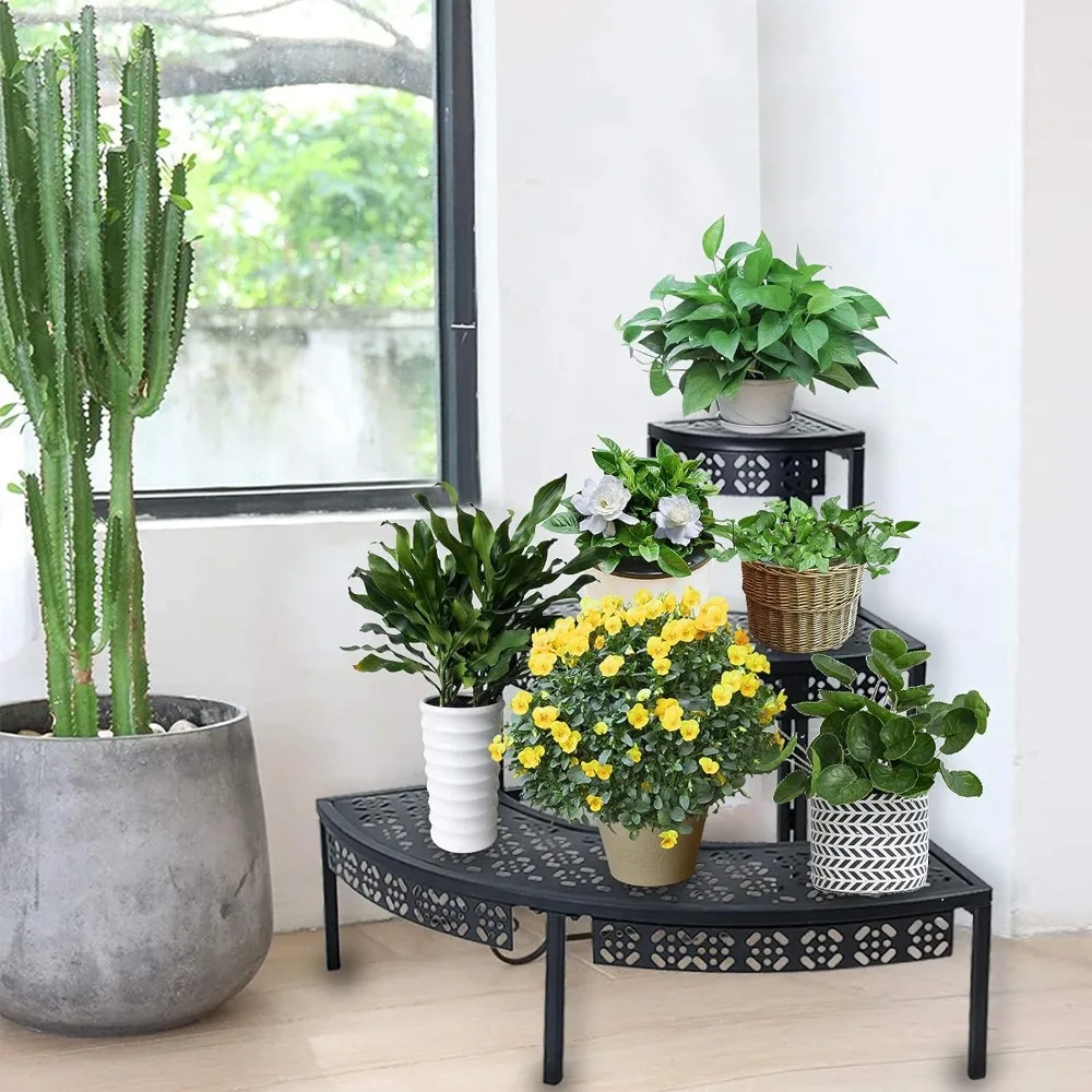 3 Tier Plant Stand Semi-Circular Flower Pot Organizer Rack Quarter Round Plant Display Holder Outdoor Storage Shelves Metal Corn