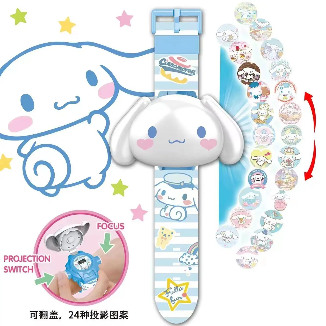 Kawaii Sanrio Hello Kitty Toys Set 3D Projection Digital Watch Cinnamoroll Kuromi Melody Anime Action Figures Model Toy Kid Gift