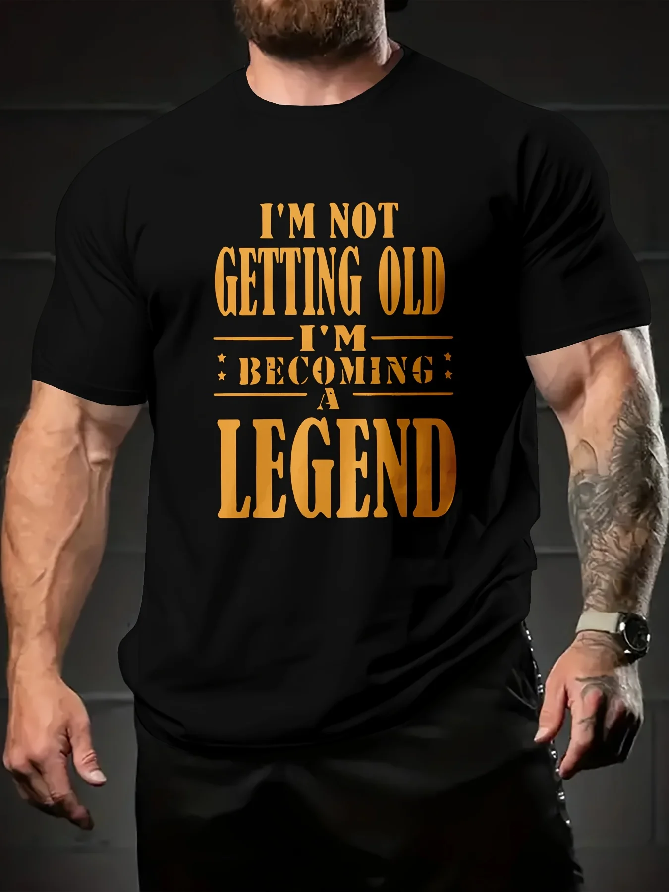 Men's Novel 3D Printed Fashion T-Shirt - Gold Font "I Won't Get Old, I'm Becoming a Legend", Casual Black Polyeste