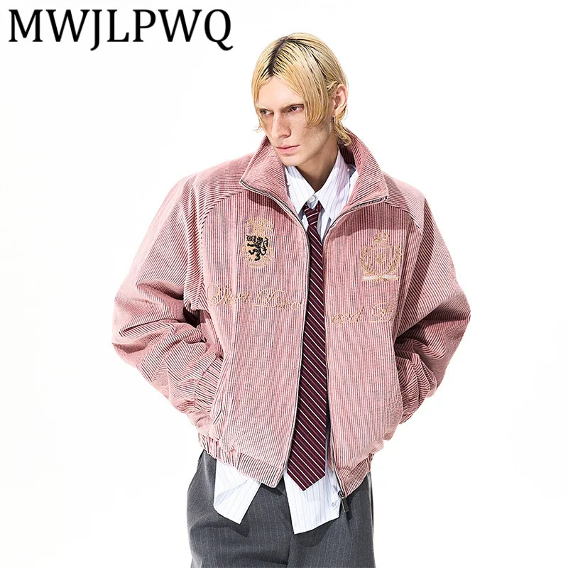 

MWJLPWQ STARTEXCEEDEND Pink Corduroy Men Autumn Winter Noble Embroidered Badge Stand Collar Jacket 12645