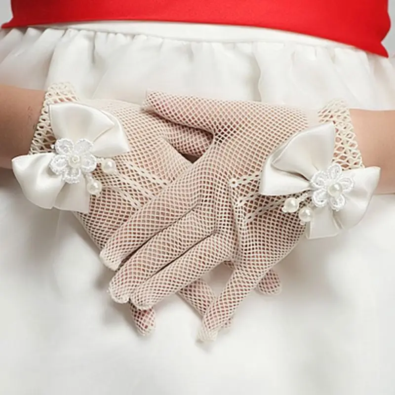 Fashion Princess Wedding Gloves for Girls Mesh Evening Children\'s Holiday Accessories with a Birthday Bow Performance Gloves for