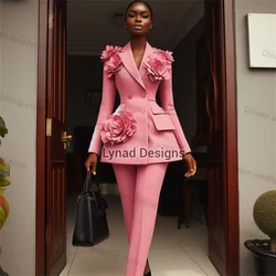 Pink Women Suit Set 2 Piece Blazer+Straight Trousers Cotton Formal Office Lady Prom Dress 3D Flower Customized  Coat Jacket