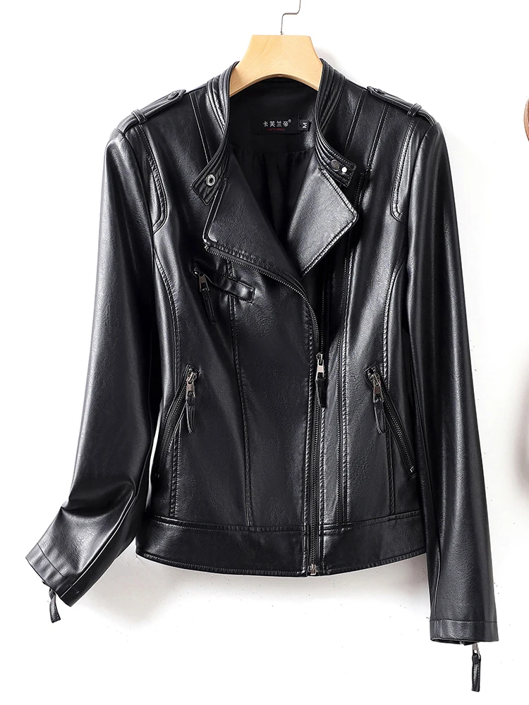 جاكيت نسائي من جلد الغنم الأصلي، بقصة ضيقة، بتصميم راكب الدراجات النارية الكوري العتيق، ملابس خارجية صغيرة بسحاب، مناسب للتنقل اليومي.