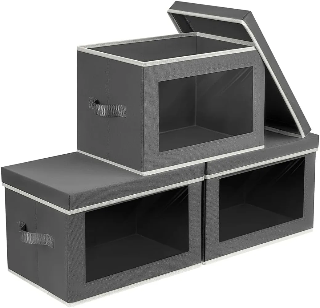 

Набор из 3 темно-серых тканевых контейнеров для хранения с крышками и окном — складные декоративные органайзеры для шкафа