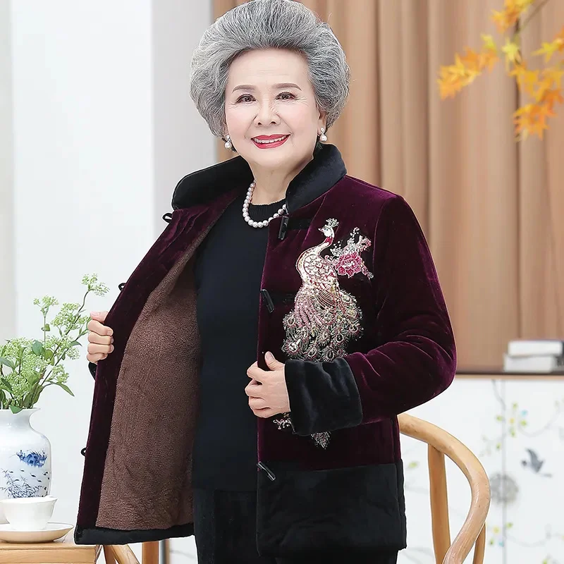 Middle Aged Elderly Grandma Cotton Coat Winter O-Neck Long Sleeve Printed Mother Outwear Jacket Female Parkas