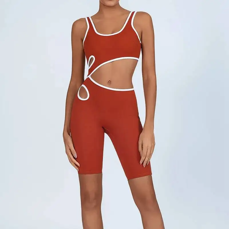 

Female Color Blocking Hollow Out Chest Cushion High Elastic Speed Dry Naked Air Back Fiess Five Part Jumpsuit