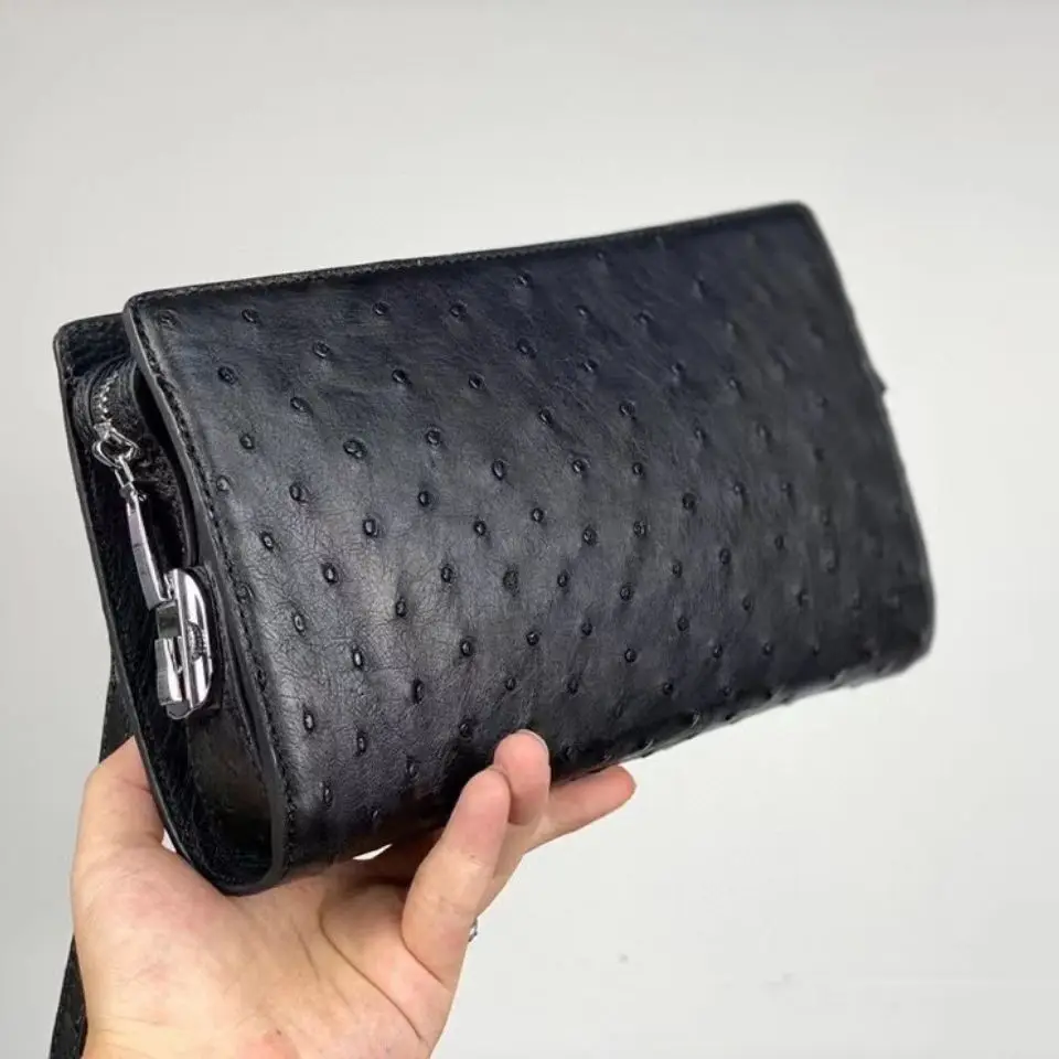 New Fashion Business Men's Clutches Ostrich Skin Wallets Real Leather Long Organizer Wallet Men Brand Luxury Card Holder Purse