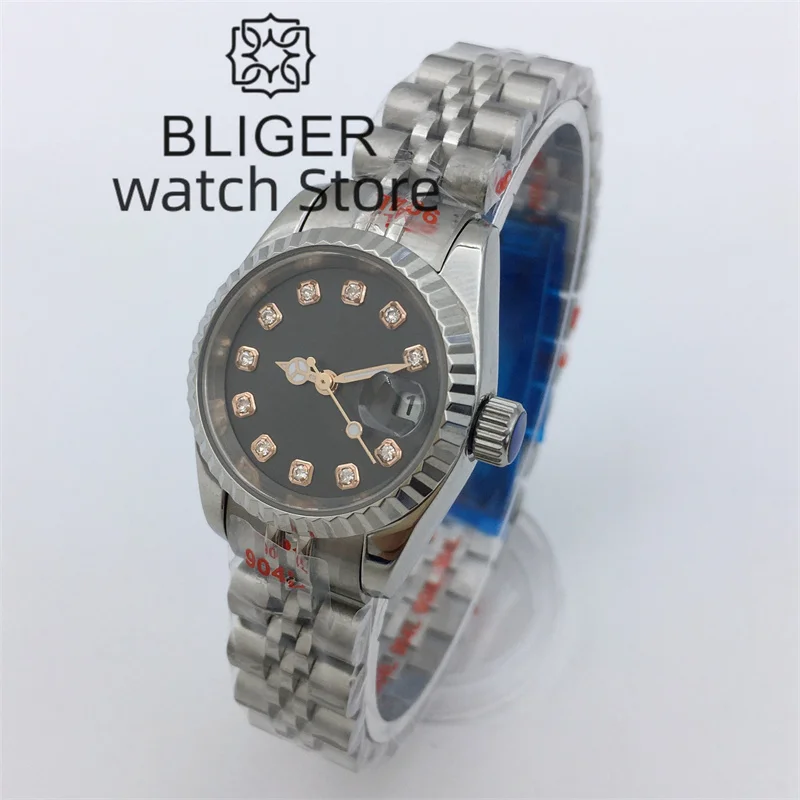 Bliger 26mm Japan nh05 Automatik uhr für Damen graues Zifferblatt Roségold Diamant Index Datum Saphirglas Silber Jubiläums armband